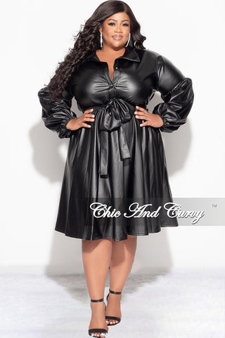 Final Sale Plus Size Faux Leather Collar Dress with Tie in Black