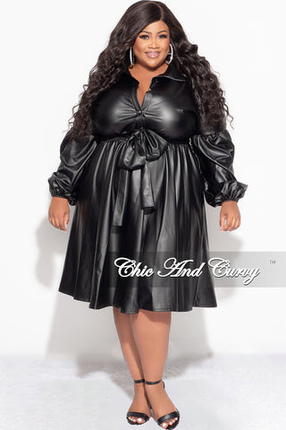 Final Sale Plus Size Faux Leather Collar Dress with Tie in Black