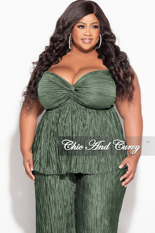 Final Sale Plus Size Sleeveless Pleated Peplum Top and Palazzo Pants Set in Olive