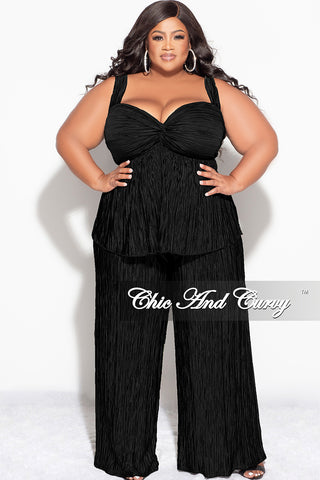Final Sale Plus Size Sleeveless Pleated Peplum Top and Palazzo Pants Set in Black