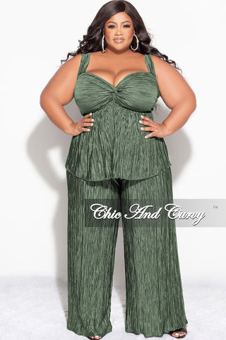 Final Sale Plus Size Sleeveless Pleated Peplum Top and Palazzo Pants Set in Olive