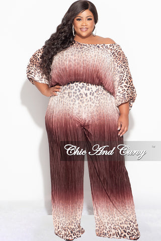Final Size 2pc Pleated Off the Shoulder ColorBlock Top and Pants Set in Animal Print and Brown
