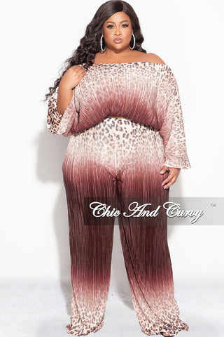 Final Size 2pc Pleated Off the Shoulder ColorBlock Top and Pants Set in Animal Print and Brown