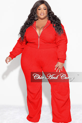 Final Sale Plus Size Plush 2pc Zip-Up Hooded Top and Wide Leg Pleated Lower Leg Sweatpants in Red