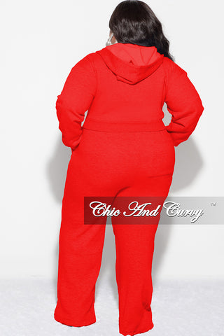 Final Sale Plus Size Plush 2pc Zip-Up Hooded Top and Wide Leg Pleated Lower Leg Sweatpants in Red