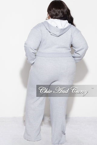 Final Sale Plus Size Plush 2pc Zip-Up Hooded Top and Wide Leg Pleated Lower Leg Sweatpants in Grey