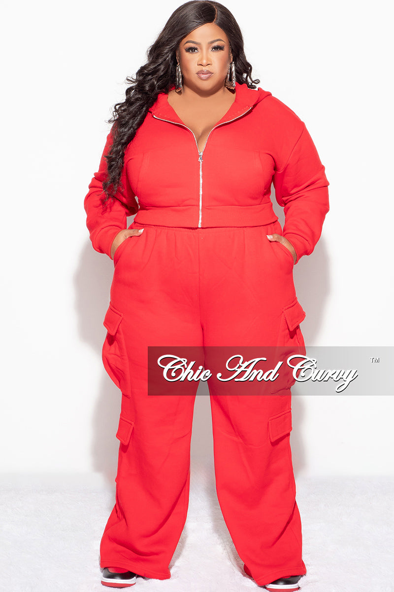 Final Sale Plus Size 2pc Zip-Up Hooded Top and Cargo Sweatpants in Red