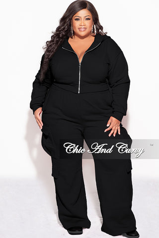 Final Sale Plus Size Plush 2pc Zip-Up Hooded Top and Cargo Sweatpants in Black