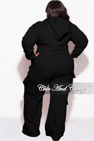 Final Sale Plus Size Plush 2pc Zip-Up Hooded Top and Cargo Sweatpants in Black