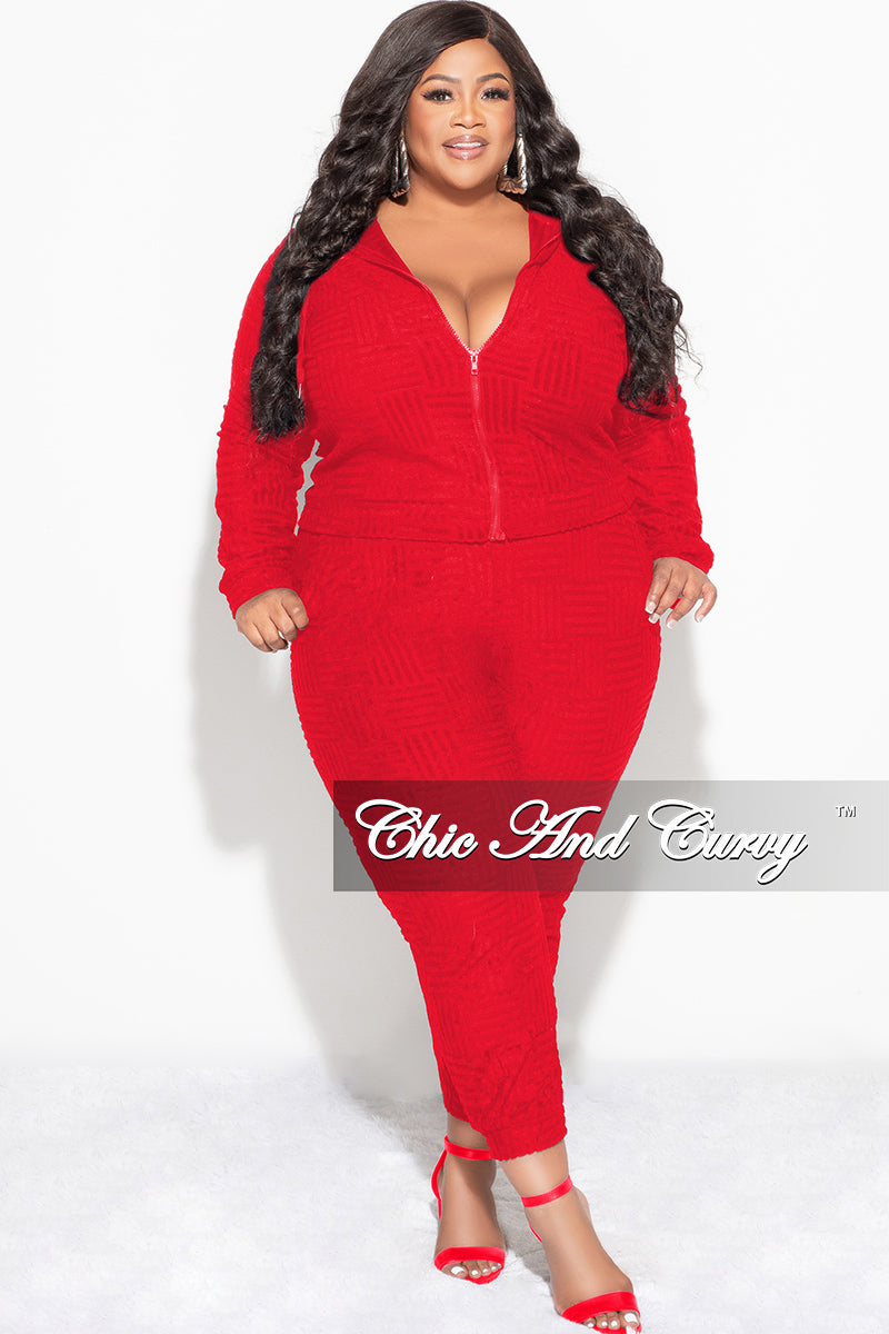 Final Sale Plus Size 2pc Hooded Zip-Up Jacket and Pants Set in Red