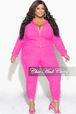 Final Sale Plus Size 2pc Hooded Zip-Up Jacket and Pants Set in Fuchsia