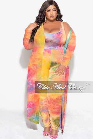 Final Sale Plus Size 3-pc (Duster, Crop Tank Top & Pants) Set in Rainbow Sherbet Tie Dye