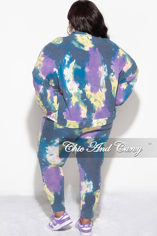 Final Sale Plus Size 2-Piece Set Long Sleeve Top & Pants in Purple & Yellow Tie Dye
