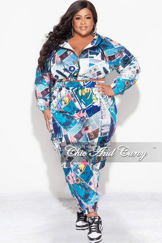 Final Sale Plus Size 2pc Hooded Crop Zip Up Jacket and Jogger Pants Set in Blue, Purple and Turquoise Multi Color