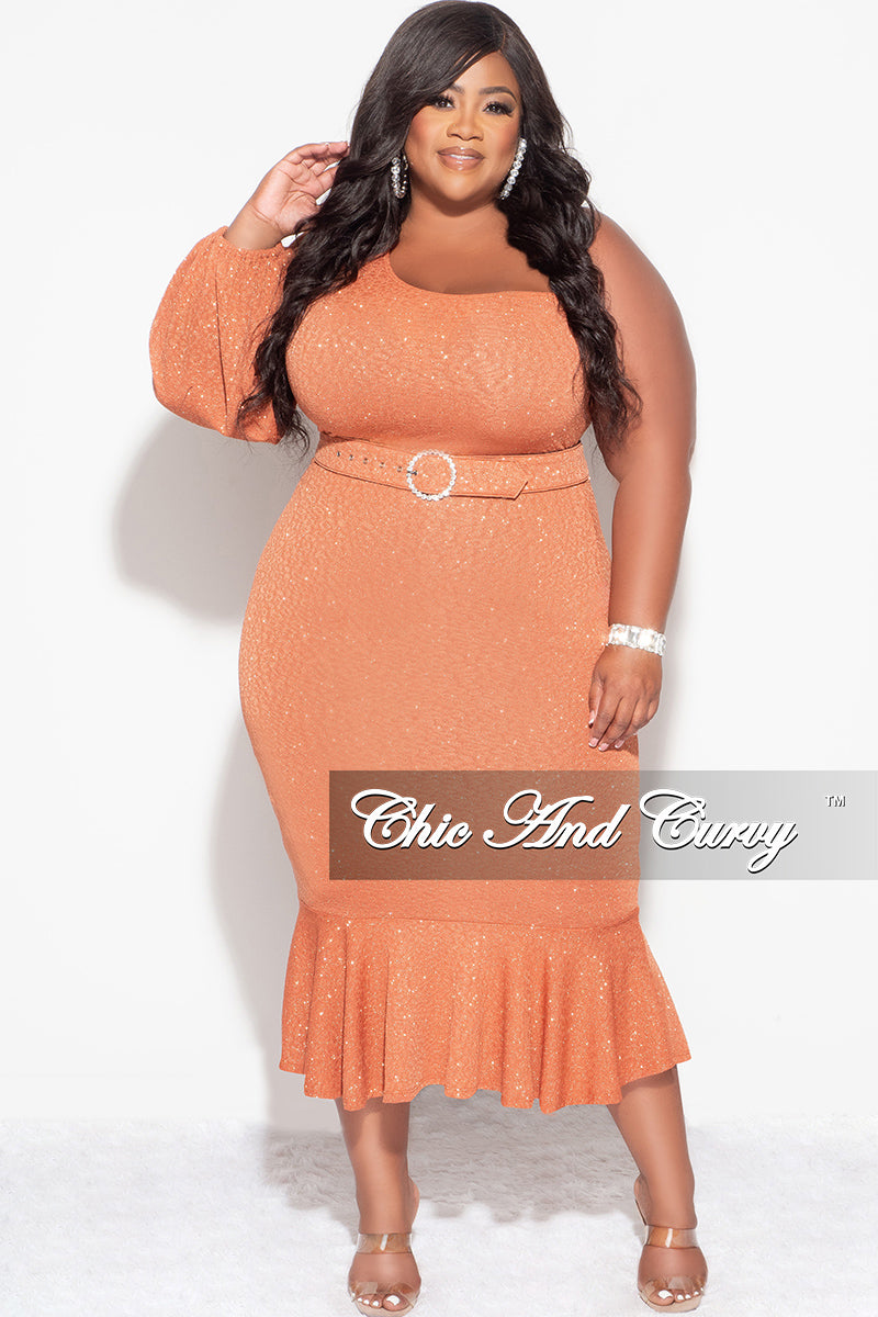 Final Sale Plus Size Shimmer One Shoulder Midi Dress with Bottom Ruffle in Rust Final Sale Plus Size Shimmer One Shoulder Midi Dress with Bottom Ruffle in Rust