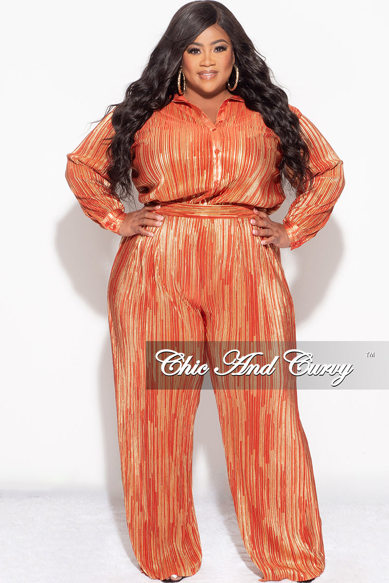 Final Sale Plus Size 2pc Oversized Collar Button Up Top and Palazzo Pleated Pants in 2pc Set Rust and Gold