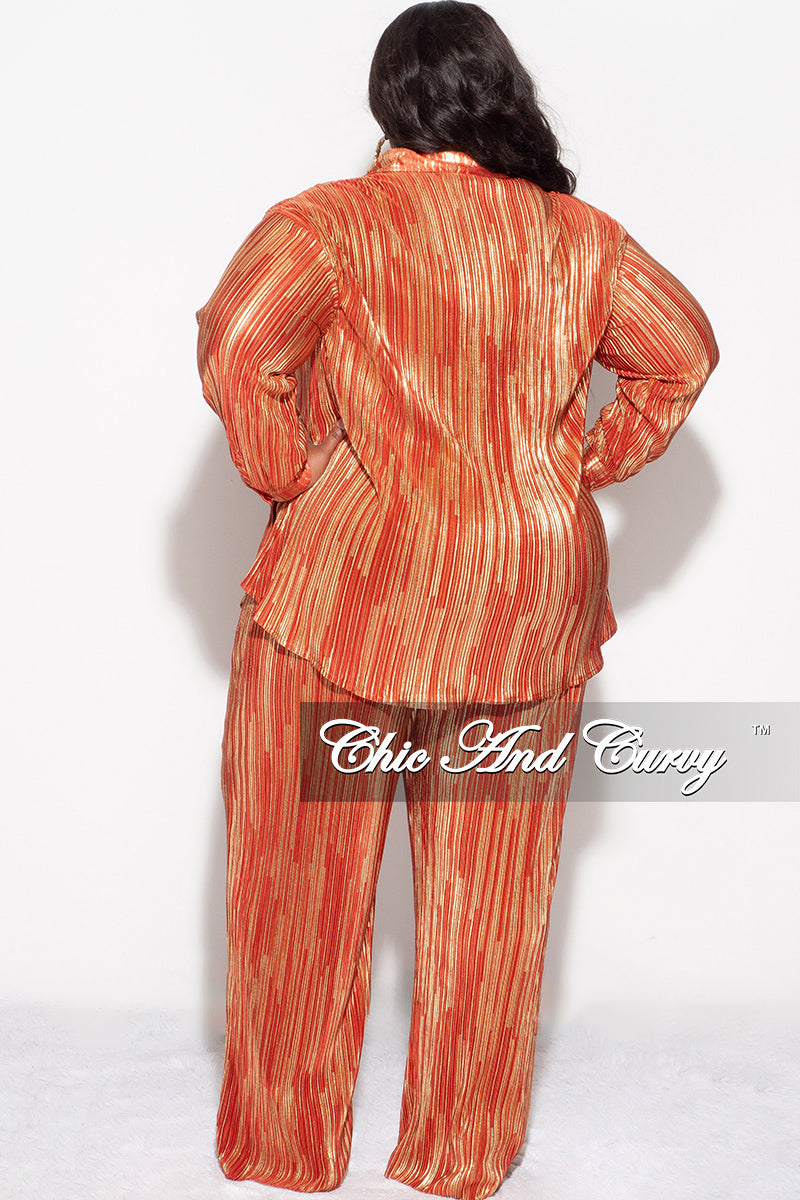 Final Sale Plus Size 2pc Oversized Collar Button Up Top and Palazzo Pleated Pants in 2pc Set Rust and Gold