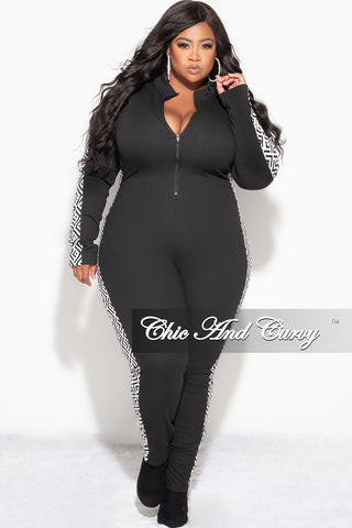 Final Sale Plus Size Knit Rib Zip Up Jumpsuit in Black with White and Black Design Print