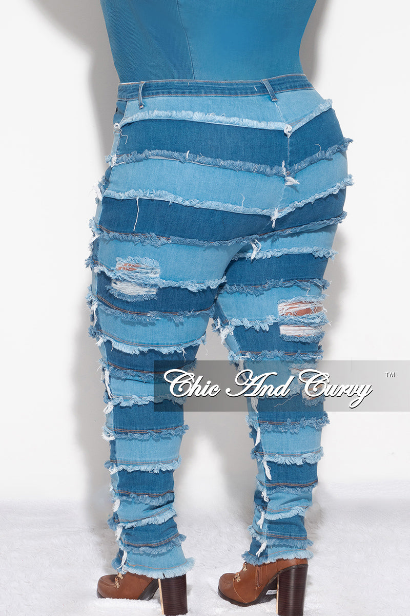 Final Sale Plus Size Patchwork Frayed Flare Jeans in Light Denim