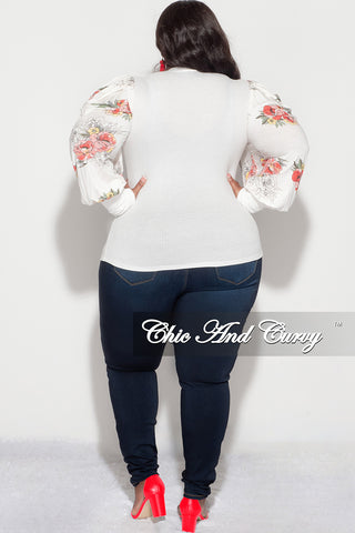 Final Sale Plus Size Long Sleeve Ribbed Top with Puffy Sleeves in Off White Floral Print
