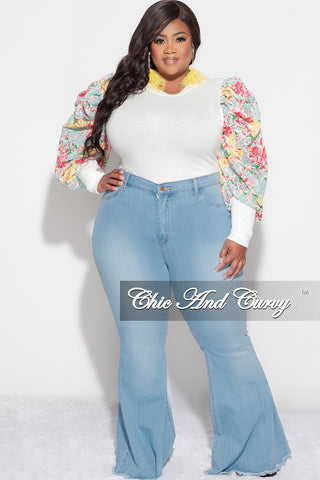 Final Sale Plus Size Long Sleeve Ribbed Top with Puffy Sleeves in Yellow Multi Floral Print