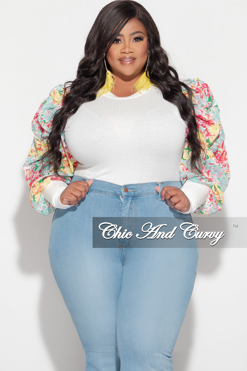 Final Sale Plus Size Long Sleeve Ribbed Top with Puffy Sleeves in Yellow Multi Floral Print