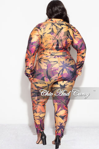 Final Sale Plus Size 2pc Button Up Collar Top and Pants Set in Mustard Multi Color Design Print