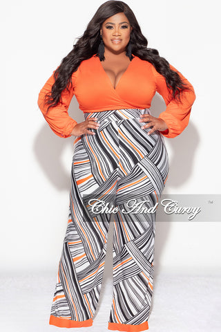 Final Sale Plus Size 2pc Crop Tie Top and Pants Set in Orange Black and White Stripe Design Print