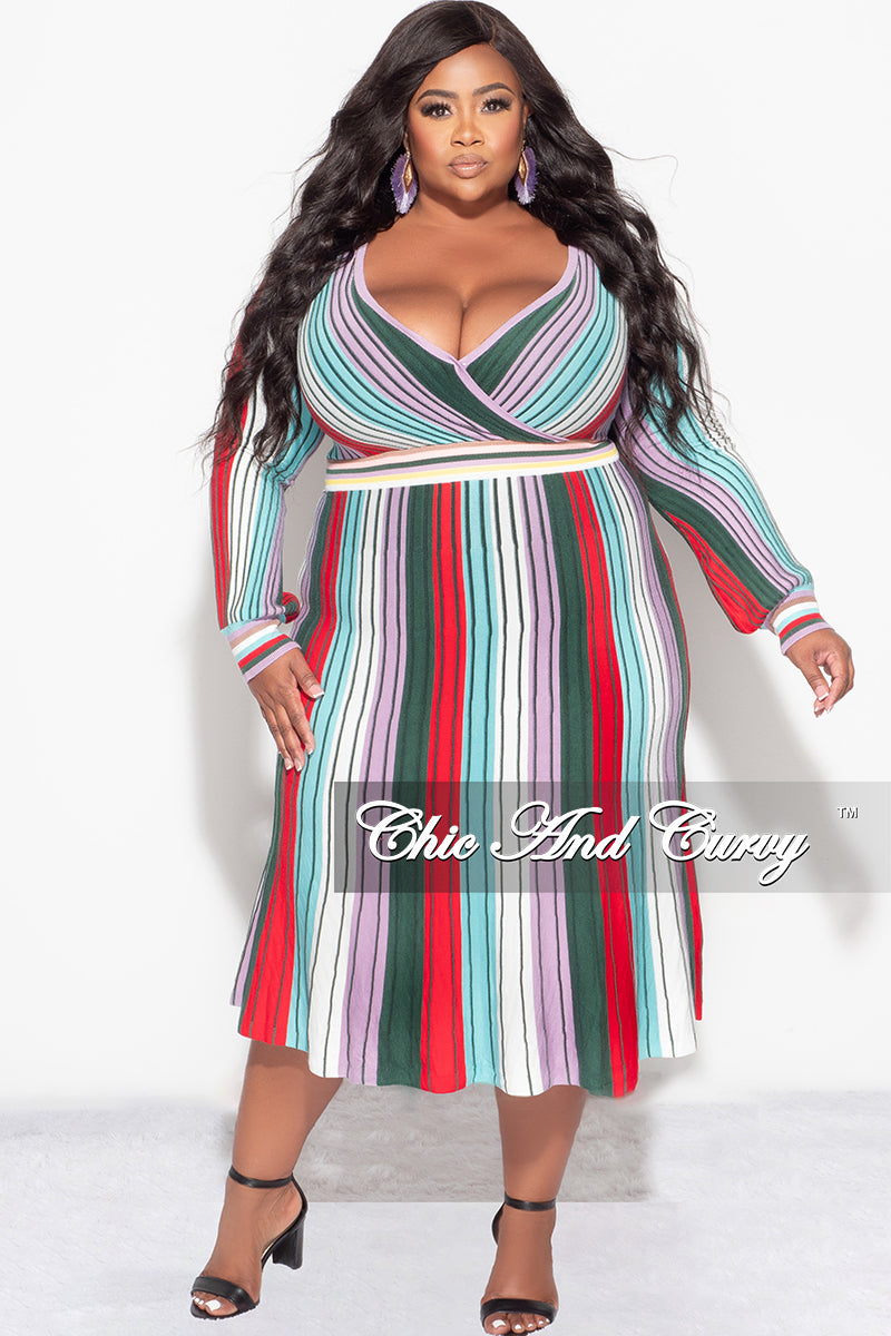 Final Sale Plus Size Sweater Dress with Tie Multi Color Stripe Print