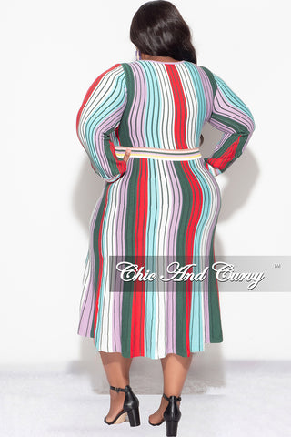 Final Sale Plus Size Sweater Dress with Tie Multi Color Stripe Print