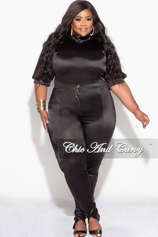 Final Sale Plus Size 2pc Satin Puffy Short Sleeve Bodysuit and Pants Set in Black