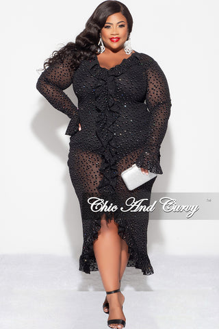 Final Sale Plus Size 2pc Mesh Dress With Velvet Dots With Under Garment in Black
