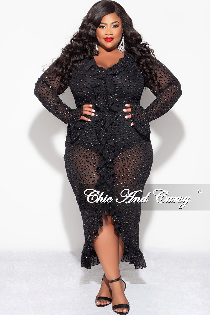 Final Sale Plus Size 2pc Mesh Dress With Velvet Dots With Under Garment in Black