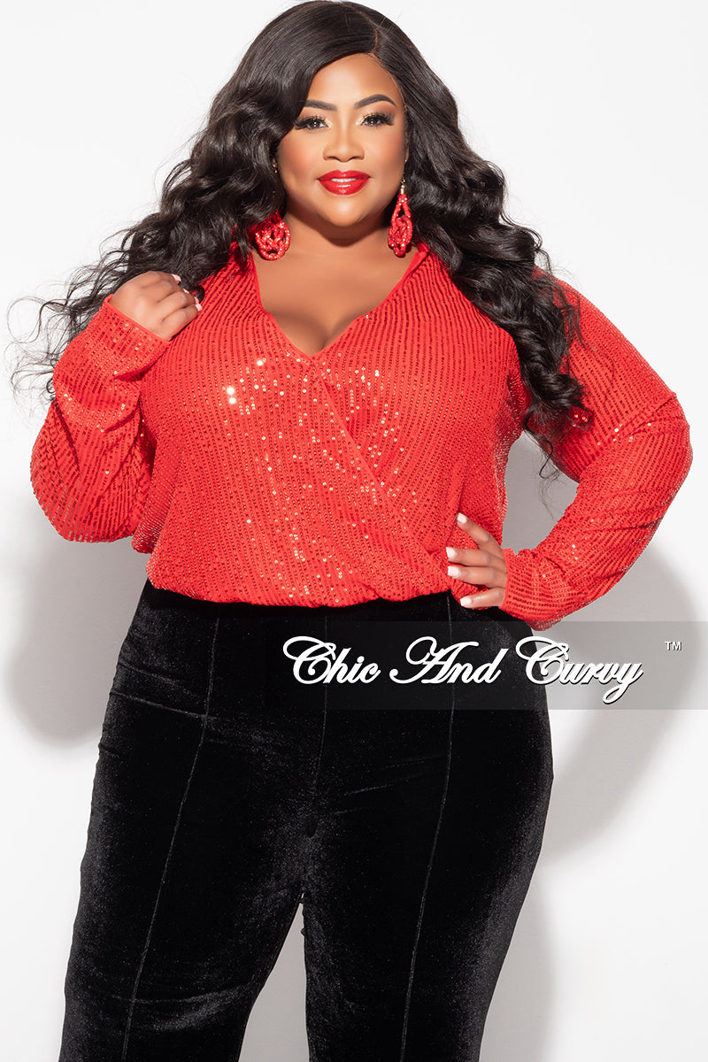 Final Sale Plus Size Long Sleeve Sequin Top Elastic At The Waist - Red