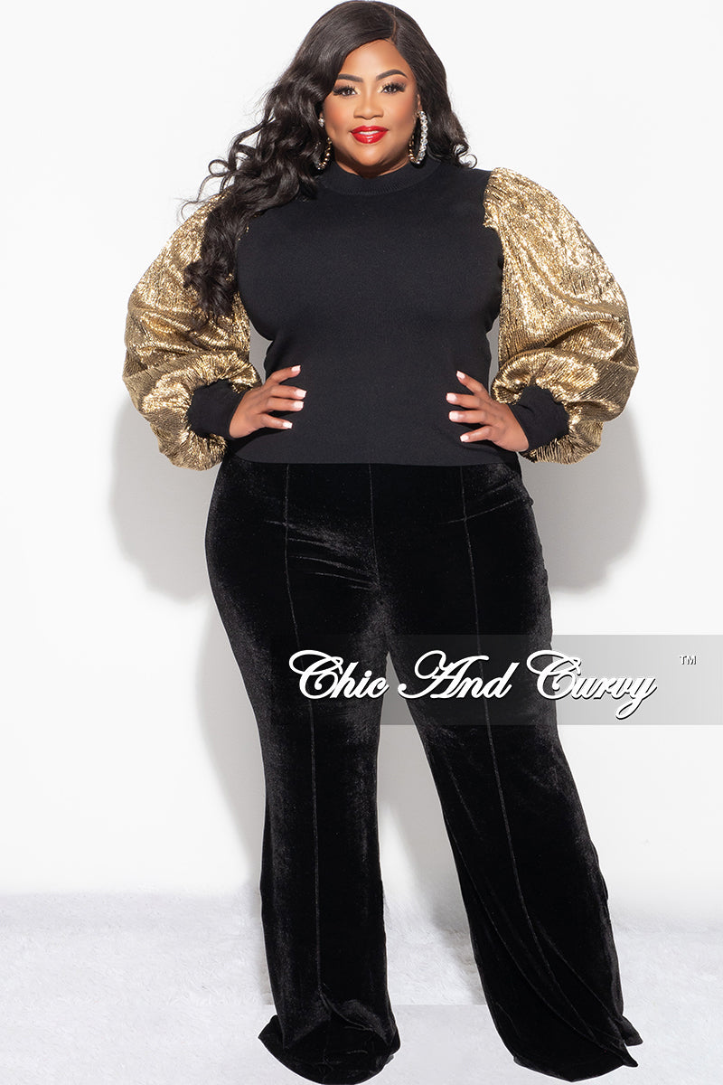 Final Sale Plus Size Black Ribbed Top with Black with Gold Sleeves