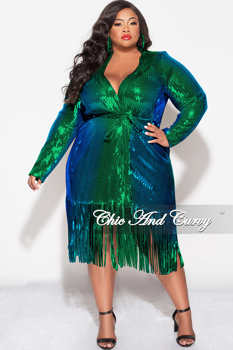 Final Sale Plus Size Faux Sequin Mermaid Duster with Belt in Green and Blue