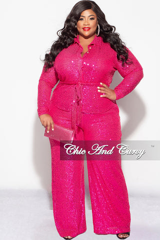 Final Sale Plus Size 2pc Button Up Sequin Collar Top and Pants Set in Fuchsia