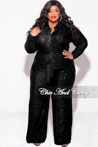 Final Sale Plus Size 2pc Button Up Sequin Collar Top and Pants Set in Black