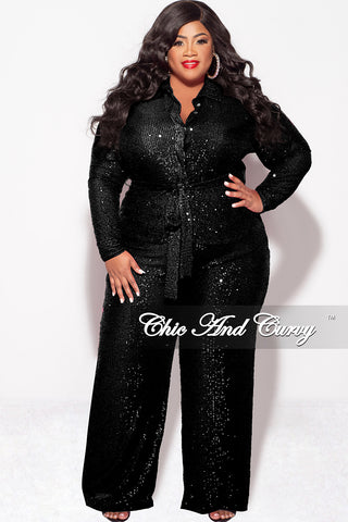 Final Sale Plus Size 2pc Button Up Sequin Collar Top and Pants Set in Black