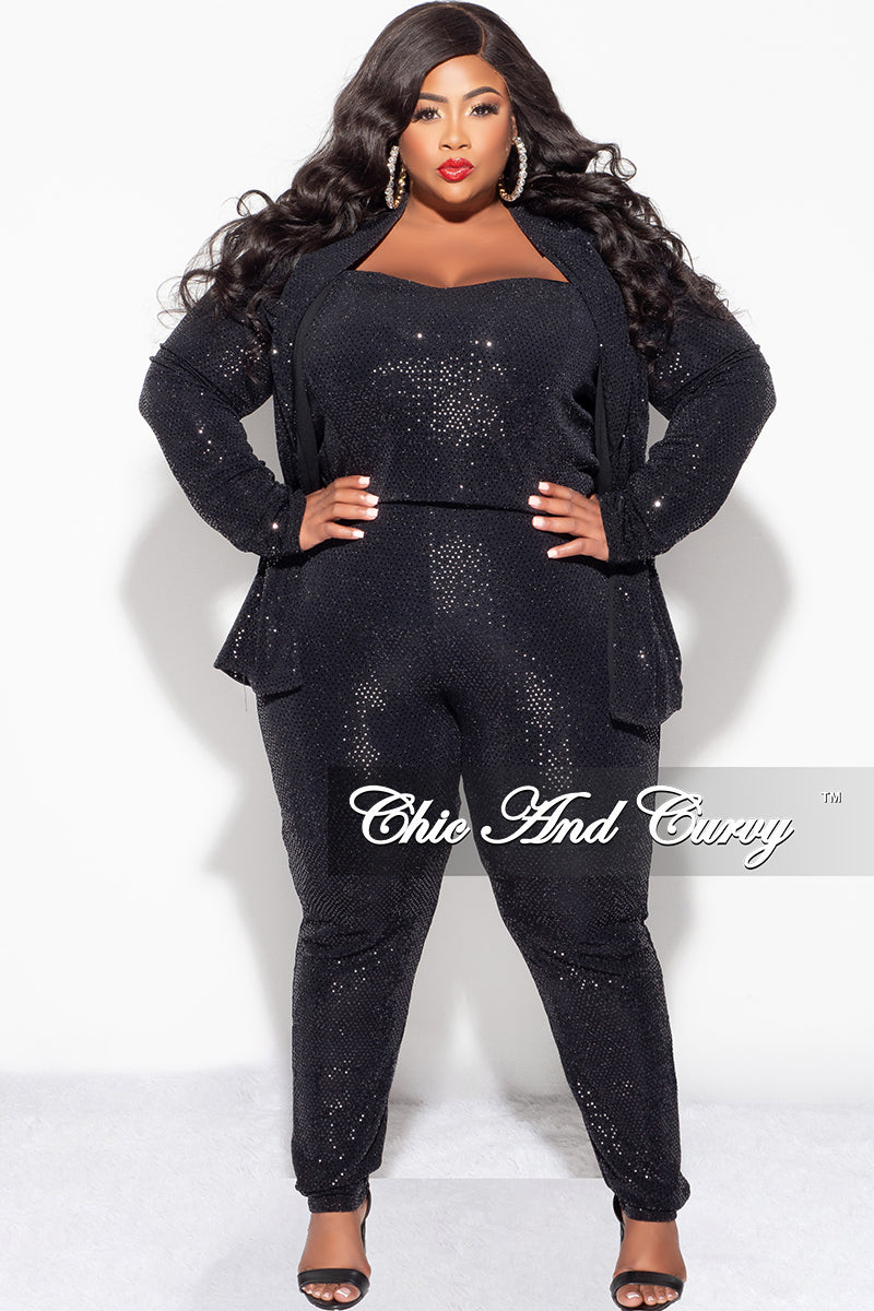 Final Sale Plus Size 3pc Confetti Dot Knit Sequin Pant Set in Black (Tapered Leg)