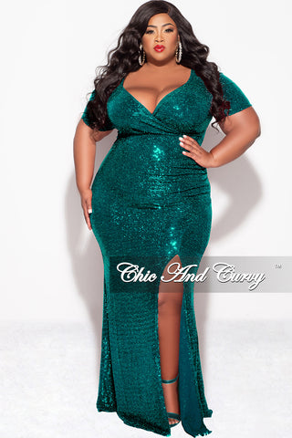 Final Sale Plus Size Evening Gown Deep V Neck Dress in Confetti Dot Knit Sequin in Emerald Green