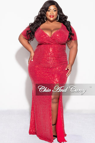 Final Sale Plus Size Evening Gown Deep V Neck Dress in Confetti Dot Knit Sequin in Red