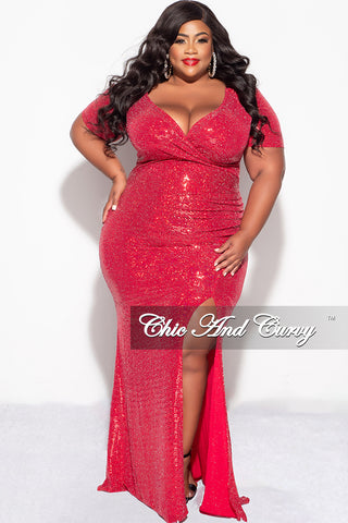 Final Sale Plus Size Evening Gown Deep V Neck Dress in Confetti Dot Knit Sequin in Red