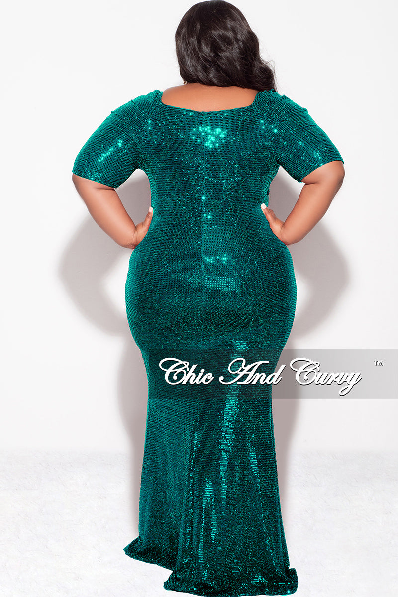 Final Sale Plus Size Evening Gown Deep V Neck Dress in Confetti Dot Knit Sequin in Emerald Green