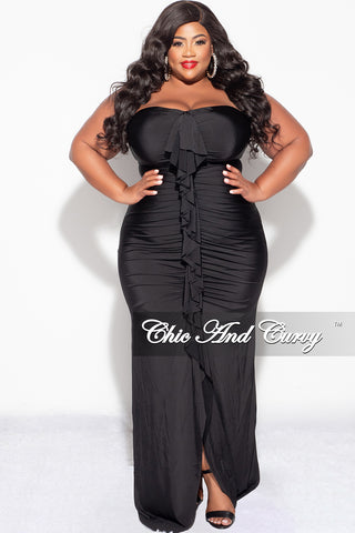 Final Sale Plus Size Sleeveless Maxi Gown With Center Ruching with Ruffle in Black