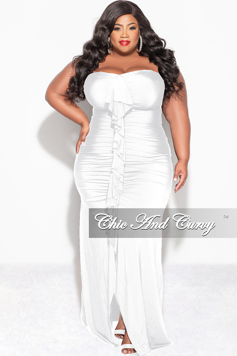Final Sale Plus Size Sleeveless Maxi Gown With Center Ruching with Ruffle in White