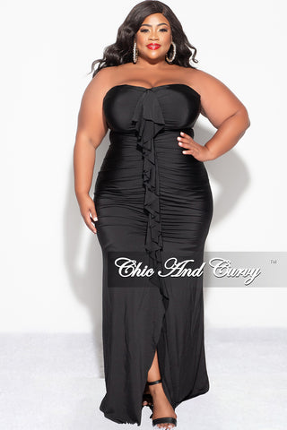 Final Sale Plus Size Sleeveless Maxi Gown With Center Ruching with Ruffle in Black