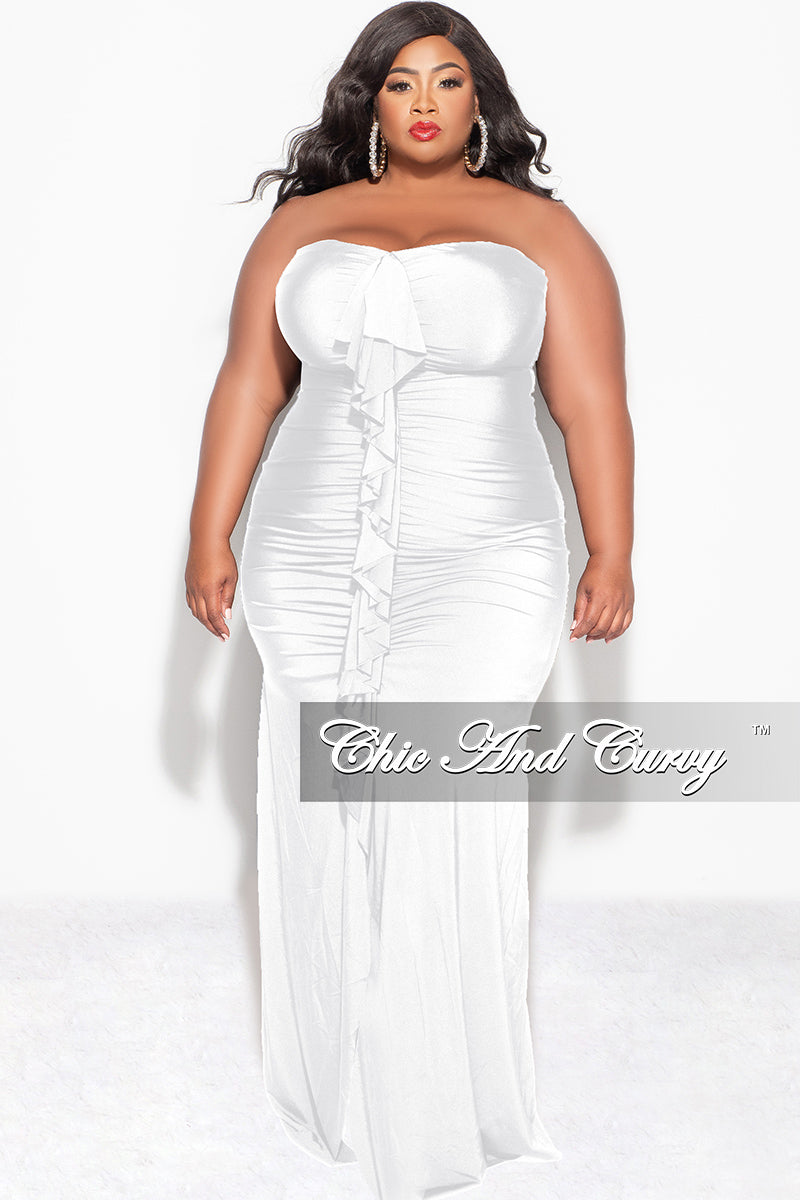 Final Sale Plus Size Sleeveless Maxi Gown With Center Ruching with Ruffle in White