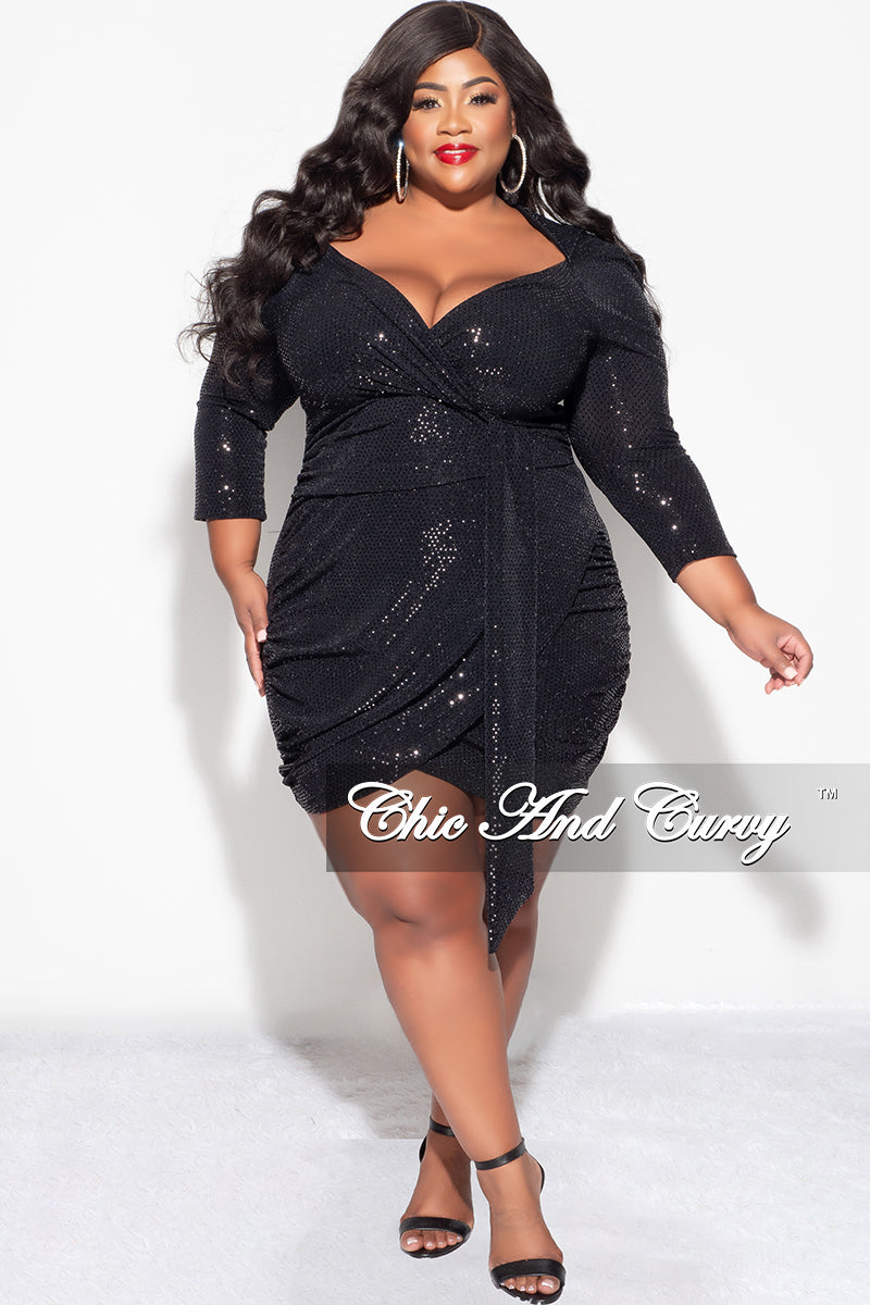 Final Sale Plus Size Bodycon V-Neck Long Sleeve Confetti Dot Knit Sequin Dress in Black