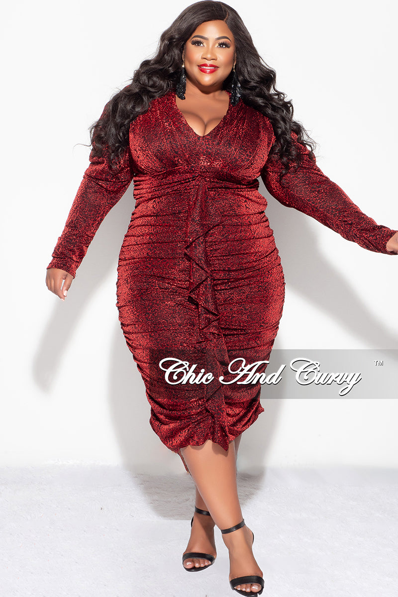 Final Sale Plus Size Shimmer Bodycon Dress with Ruched Center & Ruffle in Red and Black